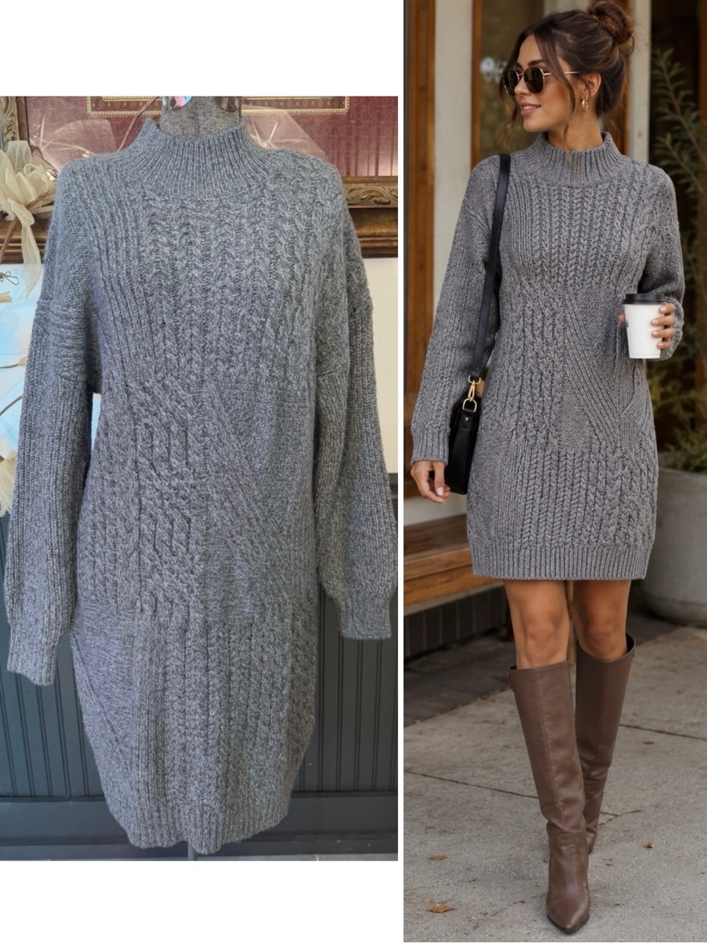 NWT Old Navy Gray Mixed Chunky Cable Knit Mock Neck Sweater Dress Sz L 💚🍄